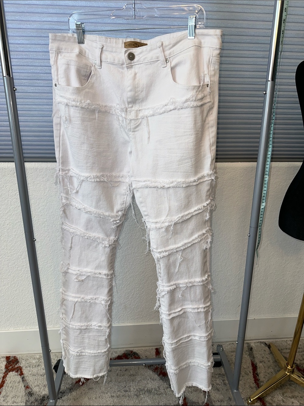Men's White Relaxed Jeans with Layered Frayed Panels